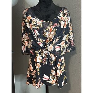 Adele & May Black Floral Chiffon Blouse Large Boho Kimono Sleeve Twist Front Top